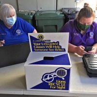 3/27/21 - District 4-C4 Annual Eyeglass Collection, Daly City - Denise Kelly, left, and Maryah Tucker taking care of checking in clubs turning in used eye glasses and hearing aids. Lion Denise lagged in count and weight, while Lion Maryah was in charage of weighing the eye glasses.