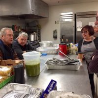 2/8/20 - 35th Annual Crab Feed at St. Philip the Apostle Church - by Lion Bob Lawhon - The calm before the storm; L to R: Angelo Costanzo (volunteer friend of Lion Bob Fenech), Lions Bob Fenech, Viela du Pont, and Bill Graziano. Rose Ann Harris working in the background.