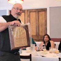 7/17/21 - 72nd Installation of Officers, Basque Cultural Center, South San Francisco - Standing: George Salet showing off his Past President’s plaque; seated, l to r: Venetia Young, Ken Ibarra, and Mike Foti. Photo courtesy of Michael Chan.