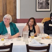 7/17/21 - 72nd Installation of Officers, Basque Cultural Center, South San Francisco - L to R: Fanny Chu, Denise Kelly, Venetia Young, Ken Ibarra, and George Salet (near side). Photo courtesy of Michael Chan.