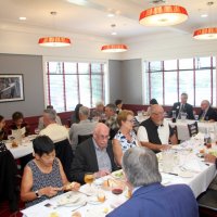 7/17/21 - 72nd Installation of Officers, Basque Cultural Center, South San Francisco - L to R: near side: Bob Fenech, Ken Ibarra, Denise Kelly, and Fanny Chu; near center: Leona Wong, Bill Granziano, and Kethy & George Salet; far center: Sharon Eberhardt, Steve Martin, with his guests George Leeds and Mike Foti; far side: Joelle Kenealey, guest of Sharon Eberhardt, Macy Mak Chan, Rebecca Rondeau, Michael Chan, Jessica Livsey, Imelda Perez, and Zenaida Lawhon; head table: Rose & Mario Benavente, and Robert Lawhon.