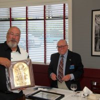 7/17/21 - 72nd Installation of Officers, Basque Cultural Center, South San Francisco - George Salet receiving his Past President’s plaque from Robert Lawhon. Denise Kelly in lower right corner.