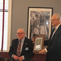 7/17/21 - 72nd Installation of Officers, Basque Cultural Center, South San Francisco - Lyle Workman, on right, posing with Robert Lawhon showing off his Lion of the Year award.