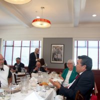 7/17/21 - 72nd Installation of Officers, Basque Cultural Center, South San Francisco - L to R, head table: Mario Benavente, Lyle Workman (standing), and Robert Lawhon; left side: Kathy & George Salet; right side: Ken Ibarra, Denise Kelly, and Fanny Chu.