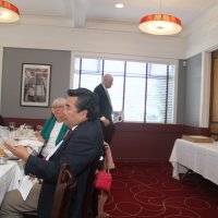 7/17/21 - 72nd Installation of Officers, Basque Cultural Center, South San Francisco - Back left: Bob Lawhon, right: Lyle Workman; Ken Ibarra, right, making a point, with Denise Kelly looking on.