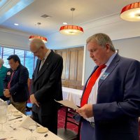 7/17/21 - 72nd Installation of Officers, Basque Cultural Center, South San Francisco - L to R: Fanny Chu, Denise Kelly, Ken Ibarra, Lyle Workman, and Bob Fenech giving the invocation. Photo courtesy of Leona Wong.