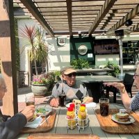 4-3-22 - Harry’s Hofbrau, Redwood City - Terry Farrah: “Today, Dad, Joe Farrah, on left, took his old friend Al Fregosi, and Al’s daughter Janet, to lunch. Both of them owned businesses on Mission Street in the Excelsior District of San Francisco. Dad, a shoe store; Al, a flower shop. They were in the Geneva-Excelsior Lions Club together for decades. Dad is 93 and Al is 108 years old.”