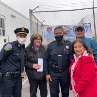 8-3-21 - National Night Out at Ingleside Police Station - L to R: Ingleside Station Captain Nicole Jones, Sharon Eberhardt, SF Police Chief Bill Scott, guest, and Zenaida Lawhon.