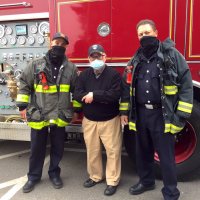 8-3-21 - National Night Out at Ingleside Police Station - Bob Lawhon posing with two San Francisco Firemen.