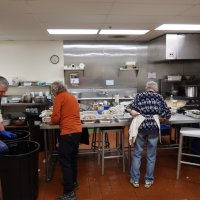 2-25-23 - 36th Annual Crab Feed - St. Philip the Apostle Church, San Francisco - Some of the kitchen crew, hard at work. L to R: Steve Martin, Paul Corvi, Rose Ann Harris, and Leona Wong.
