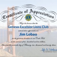 2-16-22 - Certificate of Appreciation awarded to Jim Lobao for his generous donation to our Crab Feed, even though he could not attend.