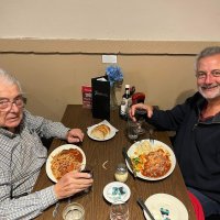 7-9-25 - Garden Club Restaurant & Bar, South San Francisco - Posted by Nick Farrah - Joe (on left) and Nick Farrah enjoying good, old-school family-style Italian food. Linguine and meatballs for Dad; chicken parmigiana for me.